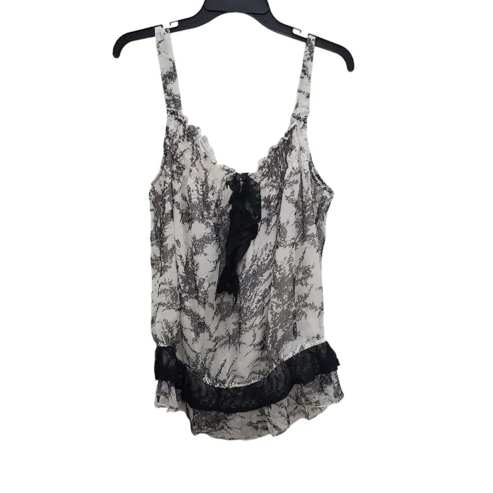 Daniel Rainn Women's White Black Marble‎ Print Chiffon Victorian Lace Tank XL